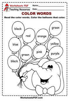 the worksheet for color words is shown in black and white, with an elephant holding