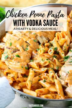 chicken penne pasta with vodka sauce in a pan