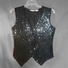 - New Without Tags - Black Sequined And Beaded Vest With Hidden Hook-And-Eye Closures - Full Silk Lining - Dry Clean Only - Armpit To Armpit = 20.5” - Note: No Stretch, Cut Very Straight Beaded Vest, 80s Clothes, Sequin Vest, Black Sequins, Vintage Black, Sequin, Jackets & Coats, Dry Clean, Jackets For Women