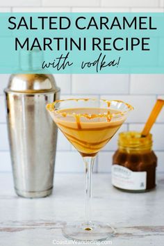 salted caramel martini recipe with vodka in the foreground and on the background