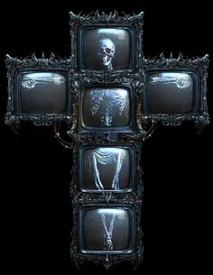 a cross made out of televisions with skeleton images on the front and back sides