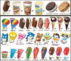 an advertisement for ice cream with different flavors and toppings on the side, including cookies