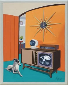 a painting of a dog laying on the floor in front of an old tv set