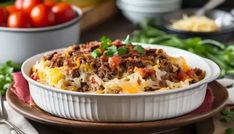 a casserole dish with meat, cheese and vegetables in it on a plate