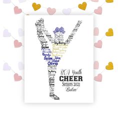 a greeting card with the word cheer surrounded by hearts