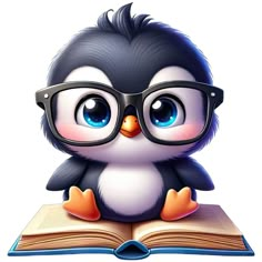 a penguin with glasses reading a book