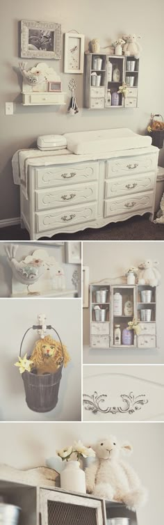 a collage of photos with white furniture and pictures on the wall, including an old dresser