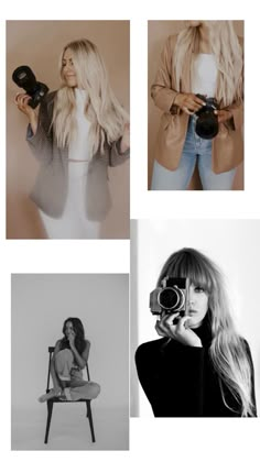 black and white photos of women with cameras, one woman is holding a camera while the other