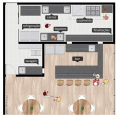 an overhead view of a kitchen and living room in a small apartment with wood flooring