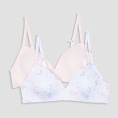 Delight young ones with the Hanes 2pk Wire Free Butterfly Printed Bra. One features a beautiful butterfly pattern while the other is solid colored and versatile enough for everyday wear. Both feature molded cups for gentle and comfortable support that won't restrict movement during playtime. Plus, with no pesky wires there is no awkward adjusting or uncomfortable pinching - allowing your child to move freely through the day in these wire free butterfly printed and solid colored bras. Wire Free Bra, Free Bra, Printed Bras, School Time, Pink Bra, Butterfly Pattern, Bra Set, Butterfly Print, Beautiful Butterflies