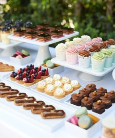 an assortment of desserts and pastries displayed on trays