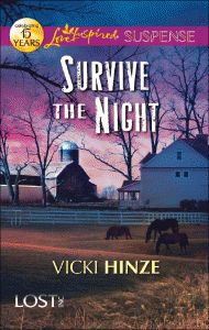 the cover of survive the night by vick hine and lost at dawn, with horses grazing in front of a barn