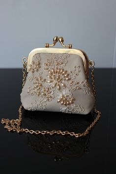 White Leather Purse, Embellished Purses, Bag Embroidery, Lace Bag, Golden Lace, Bridal Handbags, Dress Fabrics, Bridal Purse, Bridal Bag