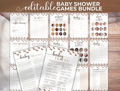 printable baby shower game bundle with brown and white designs on it, including the name