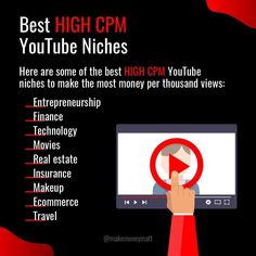 High CPM niches are those topics on which YouTube pays more money per thousand views in monetisation programhigh CPM niches include mostly those centred around money like entrepreneurshipfinanceecom etc and some others as well youtube yt youtubemonetisation adsense If you want a list of over 100profitable niches Plus a list of over 160 example channels in these niches that don't even show their faceConsider joining Tube Mastery and Monetization To know more read below Youtube Secrets, Youtube Automation, Social Media Followers