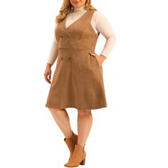 Introducing the stylish and comfortable Plus Size Overall Dress for Women Button Casual Faux Suede Dress that is perfect for any occasion! Made of great-quality faux suede material, this dress features a flattering A-line silhouette that hugs your curves in all the right places, giving you a chic and sophisticated look; The button detailing adds a trendy touch to the overall design. This casual dress is versatile enough to be dressed up with heels or dressed down with sneakers, making it a go-to Plus Size Overall Dress, Plus Size Overall, Dresses Brown, Faux Suede Dress, Line Dresses, Plus Size Brands, Midi Ruffle Dress, A Line Dresses, Suede Dress