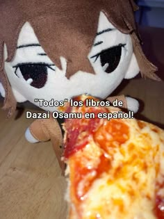 a stuffed animal holding a slice of pizza in it's hand with caption