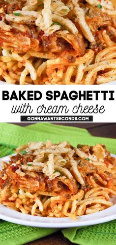 Baked Spaghetti with Cream Cheese, close up Spaghetti Recipes With Cream Cheese, Spaghetti Cream Cheese Recipes, Spaghetti Bake With Cream Cheese, Baked Spaghetti Recipe With Cream Cheese, Spaghetti Cream Cheese Casserole, Easy Baked Spaghetti Recipe With Cream Cheese