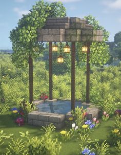 a gazebo in the middle of a lush green field with flowers and trees around it