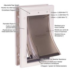 the parts of a cat flap door are labeled in english and german, including instructions