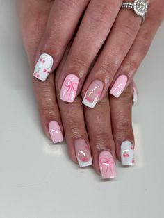 Pink nail art with bows and cherries. Perfect for breast cancer awareness month Nail Design Pink And White, Basic Pink Nail Designs, Nails Pink Design Ideas, Acrylic Nail Designs Cherry, Cute Tips Nails, Pink Girly Nails Design, Pink Nails Girly, Pink Bow Acrylic Nails, Gel Nails With Bows