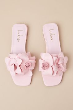 Find yourself looking like absolute perfection any time you create an outfit with the Lulus Reggina Peony Pink Flower Square-Toe Slide Sandals! Smooth faux leather shapes these too-cute summer sandals that feature a square footbed and a wide toe strap adorned with two oversized flower details. The simple, slide-on design makes these perfect for quick and easy styling! 0. 75" rubber heel. Lightly cushioned insole. Rubber sole has nonskid markings. Man made materials. Imported. Lulus | Reggina Peo Pink Sandals Aesthetic, Footwear Inspiration, Sandals Aesthetic, Light Pink Heels, Closet Shoes, Pretty Sandals, Peony Pink, Flower Shoes, Fairy Coloring