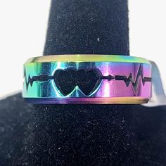 Great Ring Stainless Steel With Rainbow Finish Double Heart With Heartbeat Design Size 9 Unisex New #35 Unisex Rainbow Casual Dressy Mystic Oil Spill Pride Lbgtq Luxury Wedding Rings, Fashion Rings Silver, Heart Band, Pear Ring, Casual Dressy, Oil Spill, Classic Wedding Rings, Beautiful Wedding Rings, Retro Ring