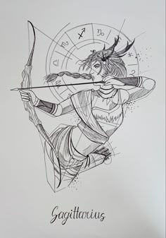 an ink drawing of a woman holding a bow and arrow with the zodiac sign sagittatus on it