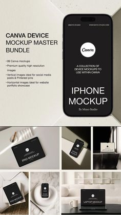 an iphone mockup is shown with various images and text, including the phone logo