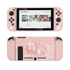 a pink nintendo wii game system with some pictures on it