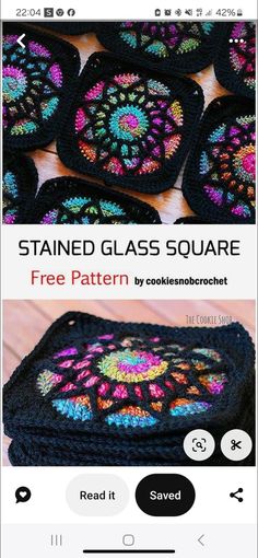 an image of some crocheted coasters with text overlaying it that reads, stained glass square free pattern