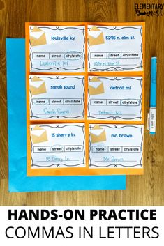 three orange and blue labels with the words hands - on practice commas in letters