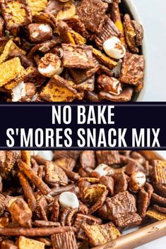 no bake s'mores snack mix in a bowl with text overlay