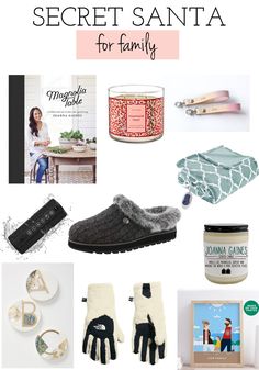 a collage of items that include shoes, candles and other things