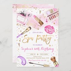 a pink and gold birthday party card with makeup, lipstick, eyeliners and other items