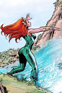 a drawing of a woman with red hair standing on top of a cliff next to the ocean