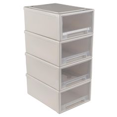 three plastic drawers stacked on top of each other