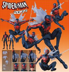 the spider - man action figure is shown in various poses