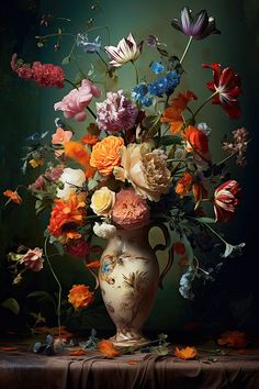 a vase filled with lots of flowers on top of a table