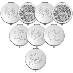 six bridesmaid compacts with glitter on them