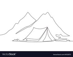 a line drawing of a tent in the mountains