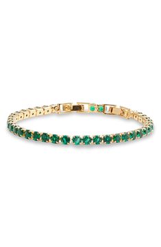 Prong-set round cubic zirconia illuminate a sparkly tennis bracelet that's perfect to stack or wear solo. 7" length; 2" extender; 1/8" width Fold-over clasp 14k-gold layer or platinum layer/cubic zirconia Imported Tennis Bracelet, Prong Setting, Cubic Zirconia, Silver Tone, Emerald, Tennis, Gold Tones, Nordstrom, Bracelet