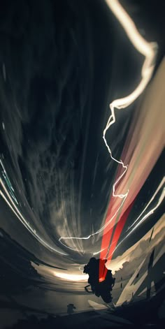 an abstract photo of light streaks in the dark night sky with white clouds and red lines