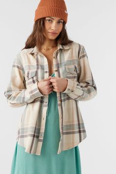 Effortlessly stylish oversized flannel shirt that has a front button design, super soft feel and classic plaid print. O'Neill Women's flannel shirt 31" In length Oversized fit Front button closure with collar 100% brushed Cotton | O'Neill Women's Brooks Flannel Oversized Fit Shirt in Mother Of Pearl, Size Medium Oversized Flannel Shirt, Flannel Oversized, Loungewear Outfits, Spring Suit, Loungewear Dresses, Womens Flannel Shirt, Oversized Flannel, Womens Wetsuit, Denim Sweater