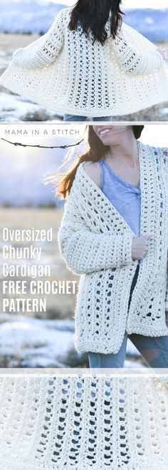 a woman wearing a white crochet cardigan sweater with the text overlayed chunky