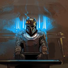 a man in armor sitting at a table with a laptop