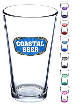 a shot glass with the words coastal beer on it and six shots in different colors