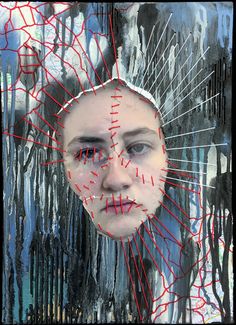 a woman's face is surrounded by red lines