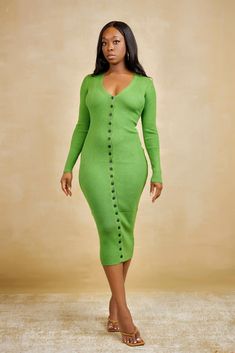 Kamsi Long Sleeve Button Front Midi Sweater Dress - Green – Be Maraki Model Profile, Midi Sweater Dress, Model Profiles, Woman Dress, Sweater Dress Midi, Long Sleeve Bodycon, Ribbed Fabric, Plunging Neckline, Silk Fabric