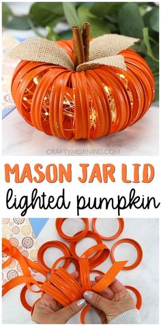 an orange pumpkin made out of wire is shown with the words mason jar lid lighted pumpkin